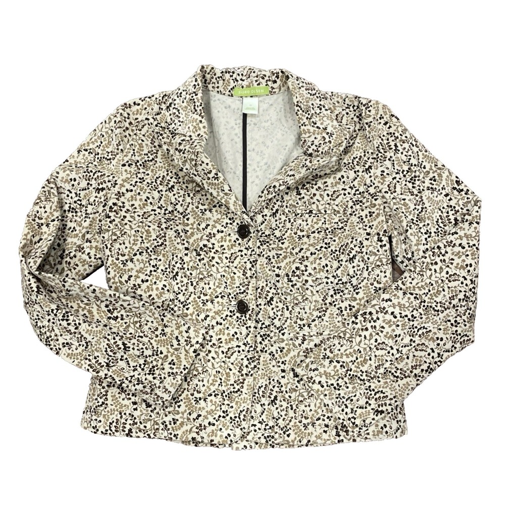 Sigrid Olsen Jacket Tan Cotton Floral Corduroy Pocket 2 Button Front Size 10